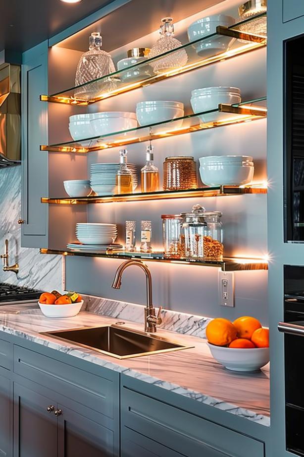 If you want your open kitchen shelves to look as if they actually float, go with glass shelves! This shelf solution is improved with LED light for sophisticated lighting and is perfect for displaying your dinner in a chic, modern style. 