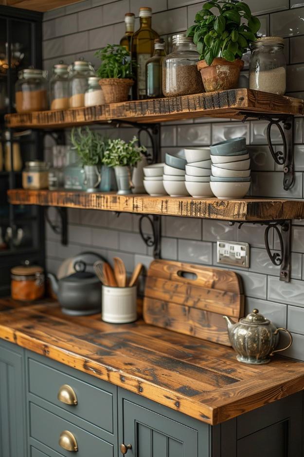 Choose Delessed wood shelves with ancient bracket carriers that bring famous charm into the kitchen. This style serves as a nostalgic allusion to the past and at the same time offers space for beloved ceramics.