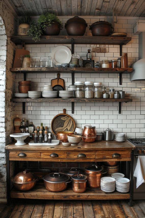 Wood shelves supported by industrial metal brackets can give your kitchen a warm but raw ambience. This combination is perfect for eclectic dishes and offers an additional character and texture.