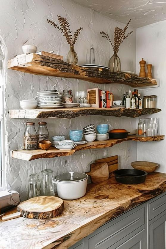 You can't help but admire chunky shelves for live edges for their rustic attraction. They are an excellent way to display cookbooks and collections of pots and pans with organic flair.