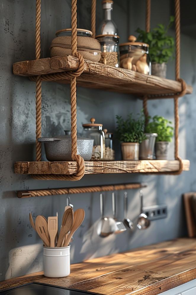 Hanging rope shelves swing with a Bohemian atmosphere and give your room a free -spiritual note. 