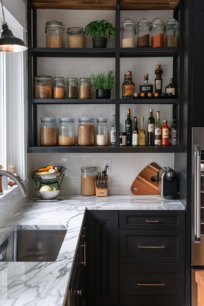 The sharp lines and the open structure offer a stylish space for kitchens important and decorative objects to highlight.