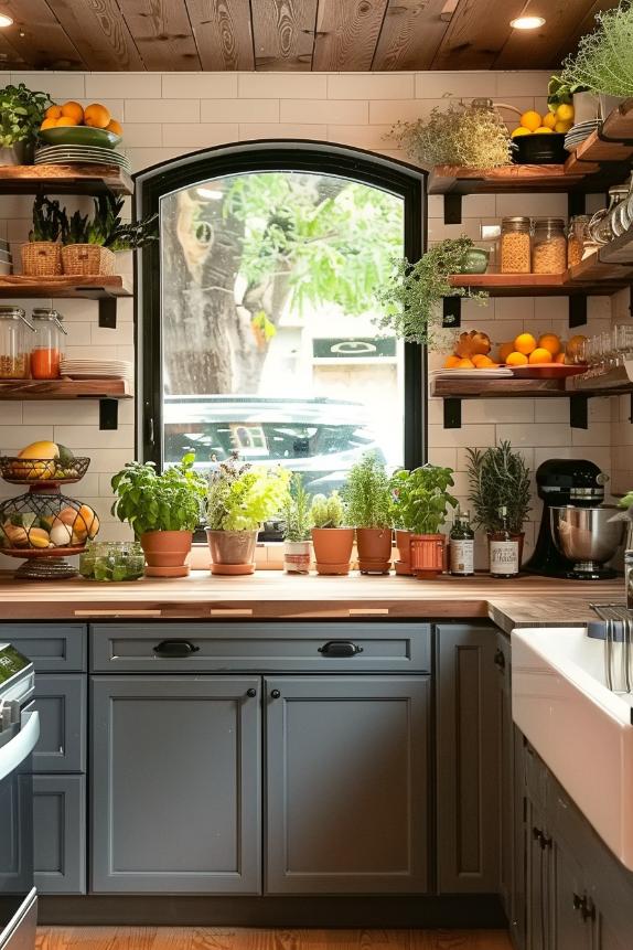 If you serve both functional and decorative purposes, you can create the shelves around a kitchen window in your kitchen and offer the perfect place to display fresh herbs or offer additional storage.  