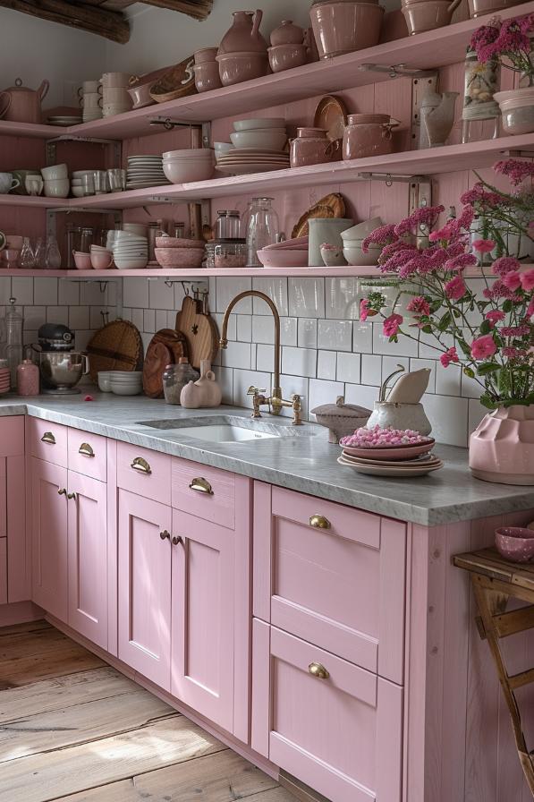 Try to paint your interior a calm pastel color like pastel pink or baby blue. This design brings a subtle color laundry without affecting the airy feeling of your kitchen.