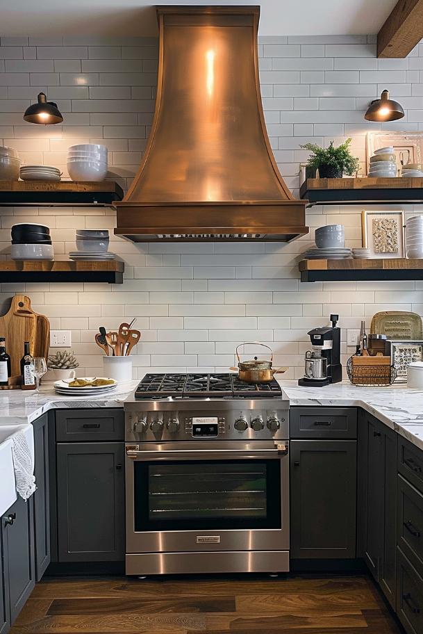 Symmetrically positioned open shelves on both sides of range create aesthetically appealing symmetry and balance. The solution is ideal for the presentation of a uniform set of dishes contributes to a well -organized kitchen.