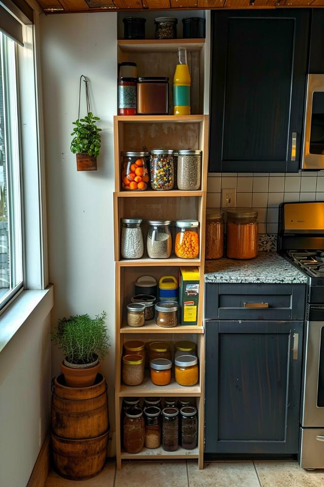 Narrow vertical shelves are a dream of a home cooking cook to make spices and oils. 