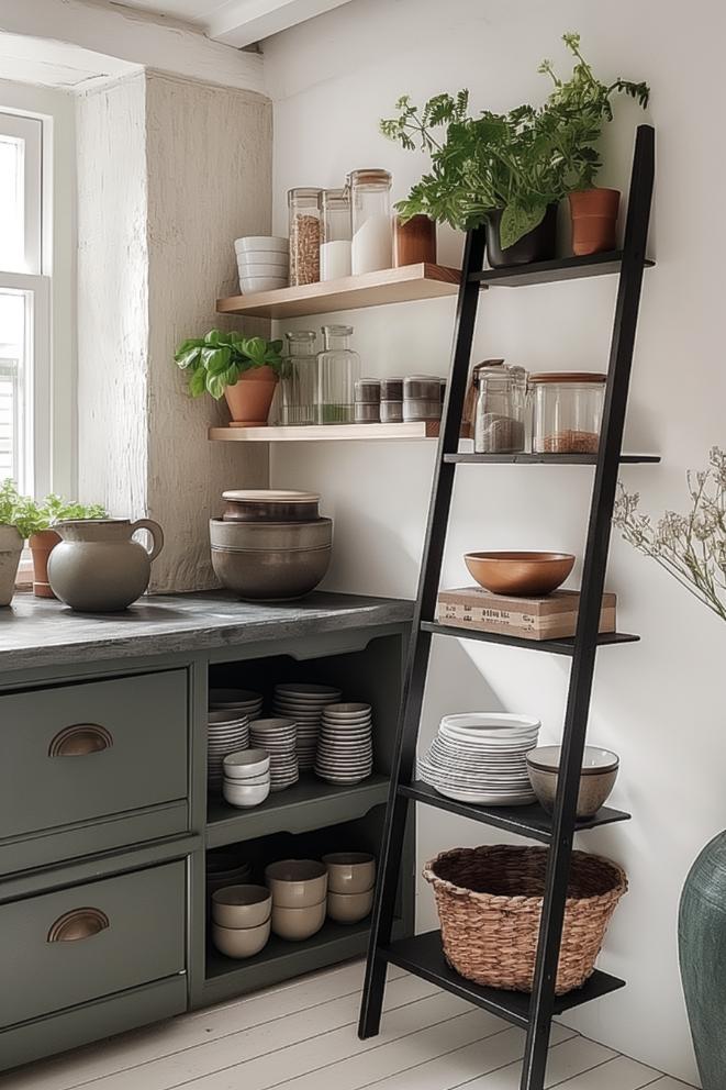 A Ladder shelf unit gives a kitchen in the farmhouse a national patch charm. Due to its robustness and robustness, it can be used to accommodate a variety of objects in an informal, relaxed arrangement.