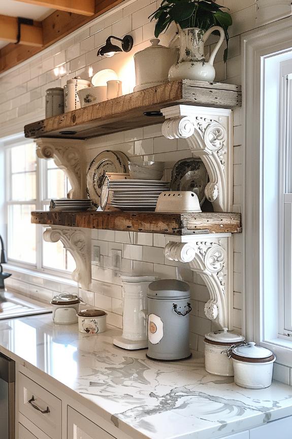 Fans of traditional, artistic decor will love this open kitchen idea with shelves with decorative corbels. 