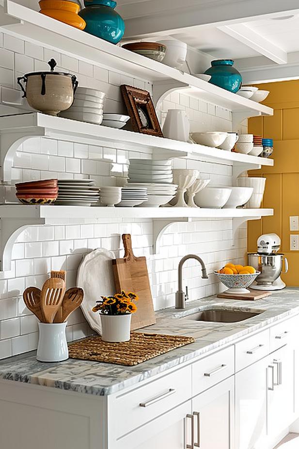 Stagated shelves play a visual rhythm in this kitchen. They create a dynamic aesthetics that can be further reinforced by a varied mix of dishes and glassware.