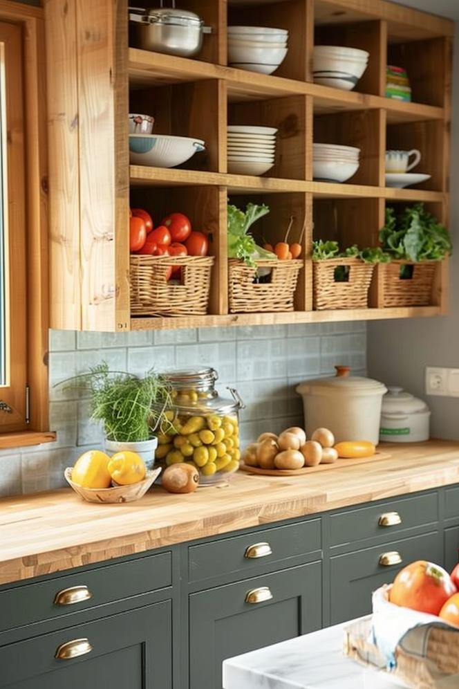 These open wooden shelves give away with basket baskets, with the essentials that organized the drywar and vegetables and are aesthetically appealing. 