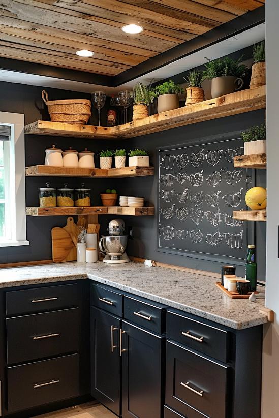 The table coupling of this open shelves enables artistic labeling and personal notes and adds an adaptable and interactive element to the culinary area. 