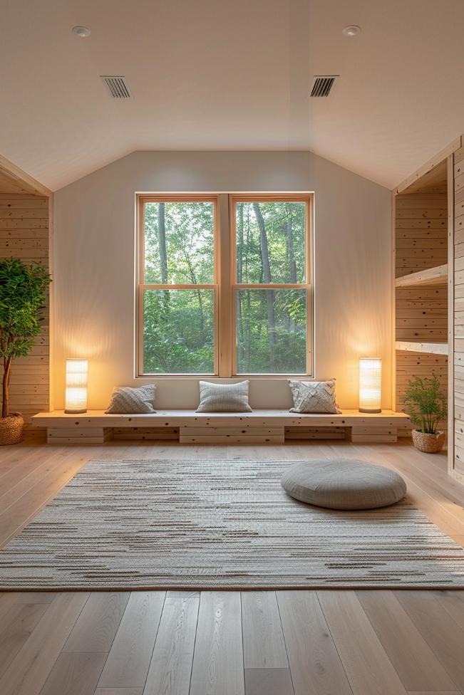 A structured floor mat, low seating, ambient lighting and minimalist decor form a calm meditation retreat that is quietly embedded in a small bonus room. It is perfect for peaceful reflection.