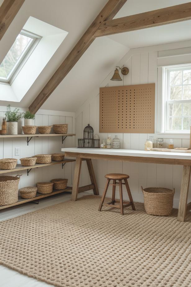 This petite craft room offers wood shelves with woven baskets, a craft table and an enchanting pegboard to organize yarns and tools for an inspiring handicrafts corner.