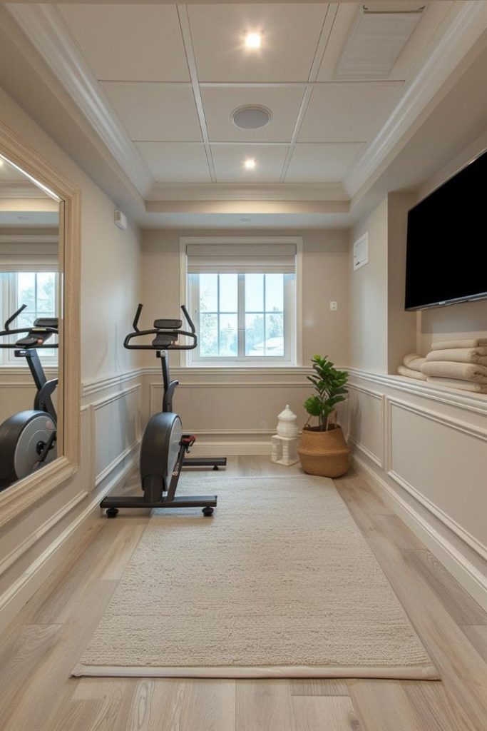 A compact training bike turns a small bonus room into a space-saving mini-fitness studio. A mirror reinforces the room and makes it light and airy.