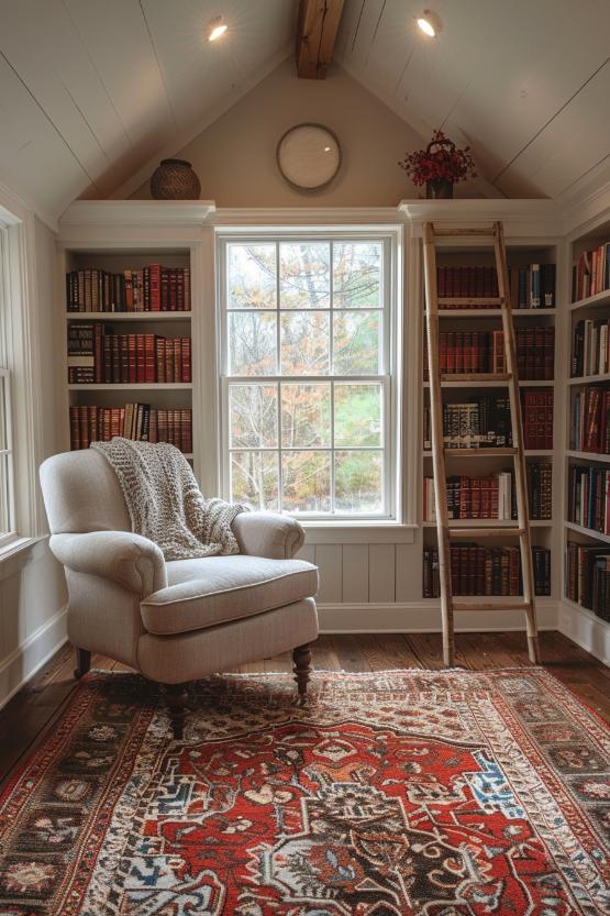 Floor and fourth bookshelves filled with literature transform a cozy corner into a small home library, paired with a ladder to reach the upper shelves and a <a href=