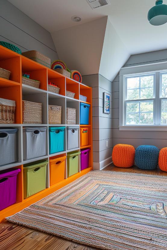 Cubbies and containers in lively colors offer sufficient storage for toys and games and transform this <a href=