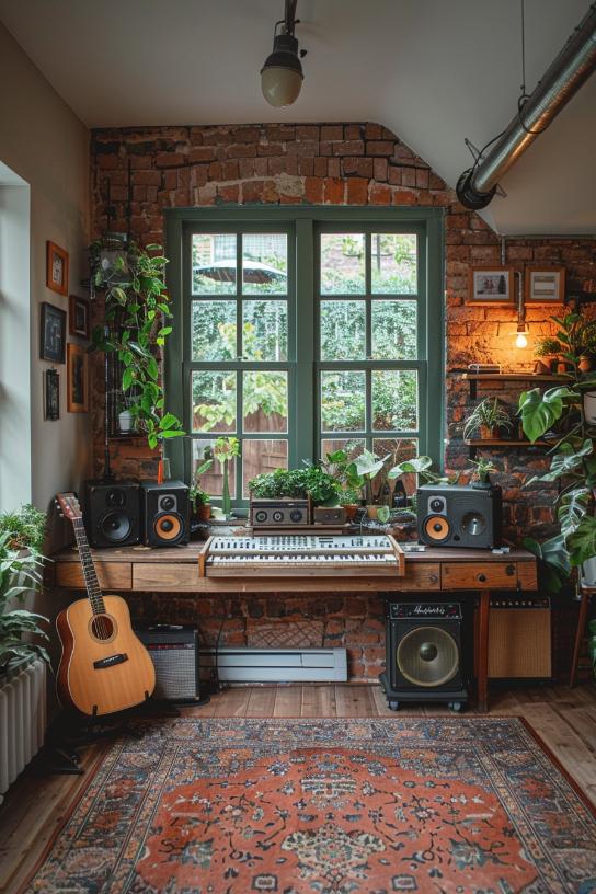 Acoustic guitars and speakers are placed next to a keyboard that creates an intimate and functional space for the passionate musician in order to write and rehearse in a fully functional mini studio.