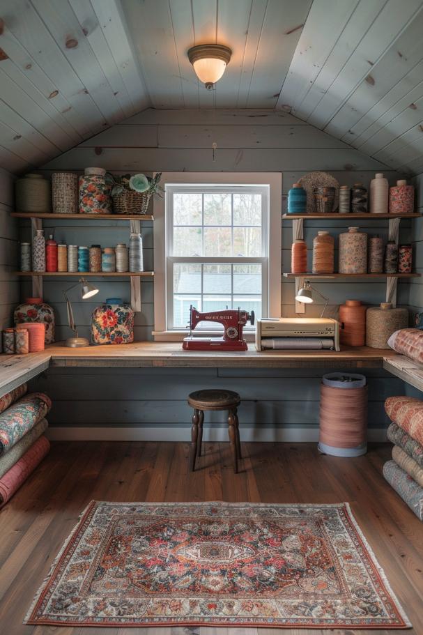 Efficiency hits the style in this small near proxy, equipped with a vintage sewing tool, eclectic fabric rolls on floating shelves and threads in different colors.