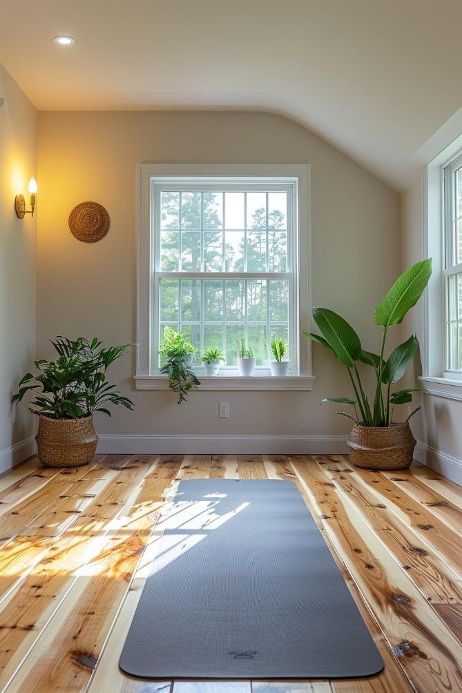 Surrounded by inner plants and a white window that is opposite a lonely yoga mat, it is at the center of this personal yoga studio, which promotes balance and calm. 