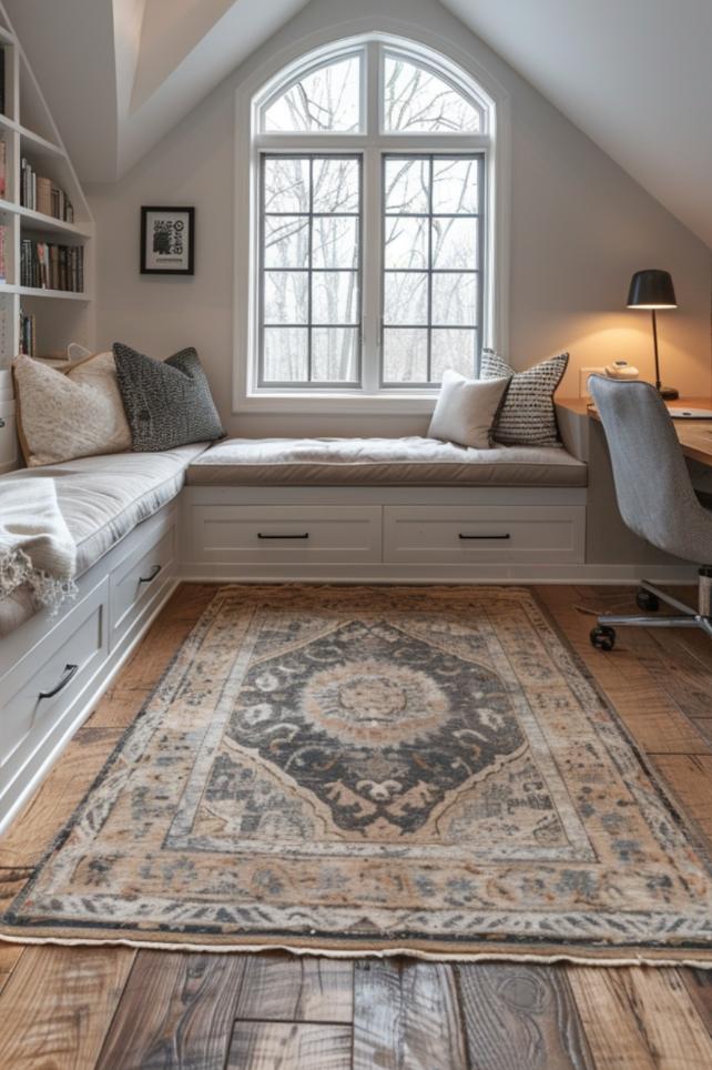 Built -in white shelves and a desk with drawers define a minimalist work area that is both stylish and functional for every small bonus room. Add white benches to relax after work.