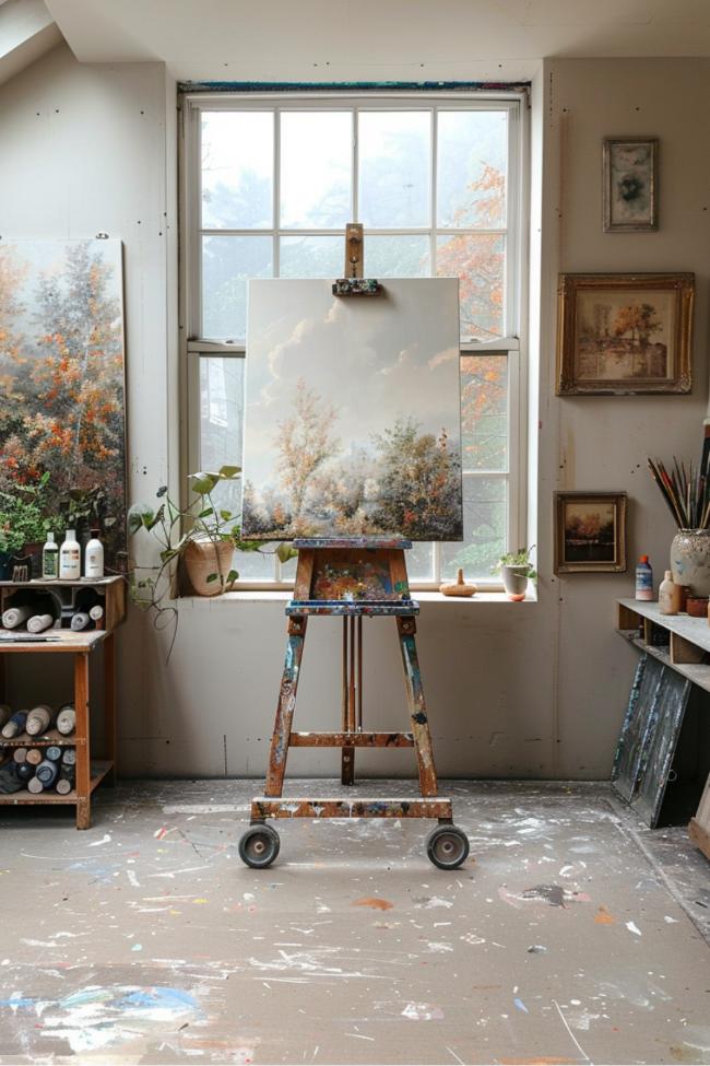 Canvas and colors find your home in a well -lit corner, as a picturesque easel invites creativity to this artistic sanctuary. It is a perfect idea for small bonus room for painters.