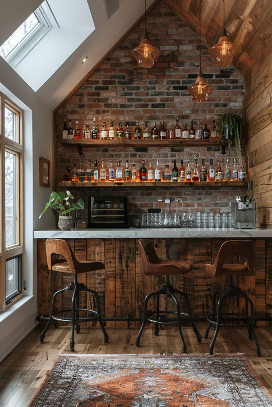 Believing glassware and bottles lead open shelves, while a marble plate and a high bar stool invite the guests to mix and drink a drink in the narrow room.