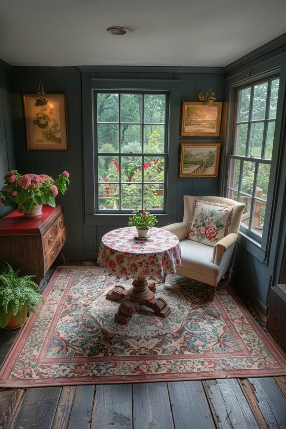 A antique round table with a pretty floral tablecloth, supplemented by a comfortable neutral chair, sets the scene for a charming tea room that is ideal for sipping good tea and for enjoying sweets in good company.