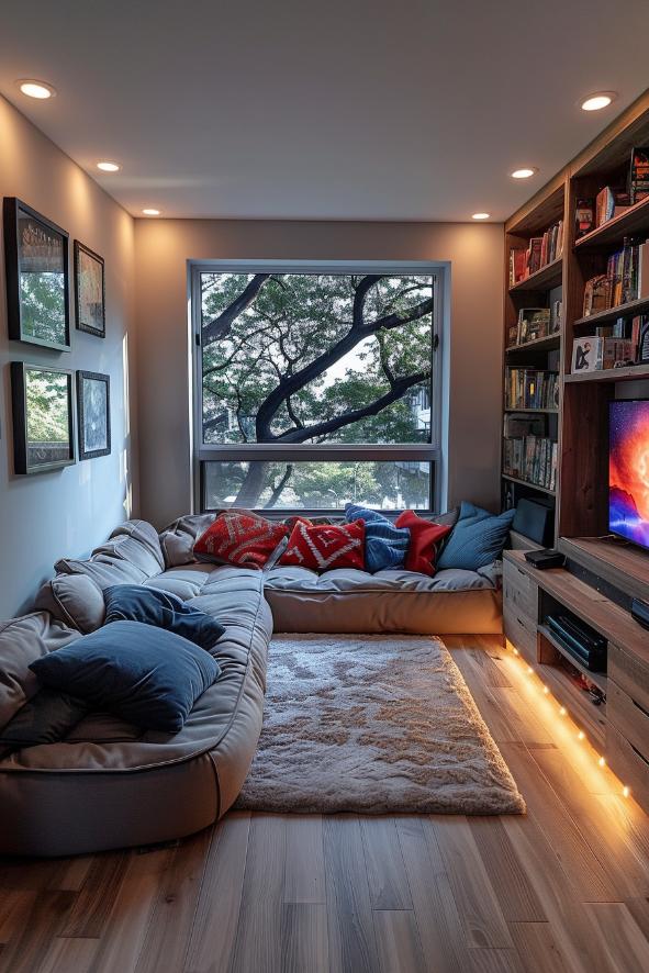 Strategically placed game consoles and comfortable floor pillows correspond to a tiny gaming oasis that is both invitingly and spatially well-versed. 