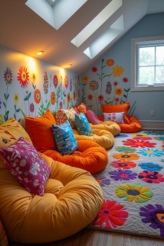 Quadratical bean bags and bright flower wall pull pictures create a bizarre environment, which means that the bonus room of the pint size is played for children and offers you a safe place to play in your home.