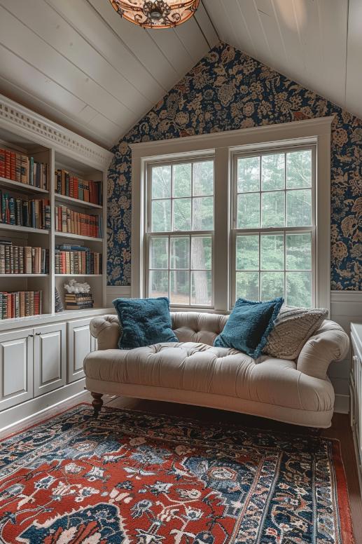 A wall shelves decorated with elegant bookshelves offers a charming micro library for those who want to read, reflect or study. 