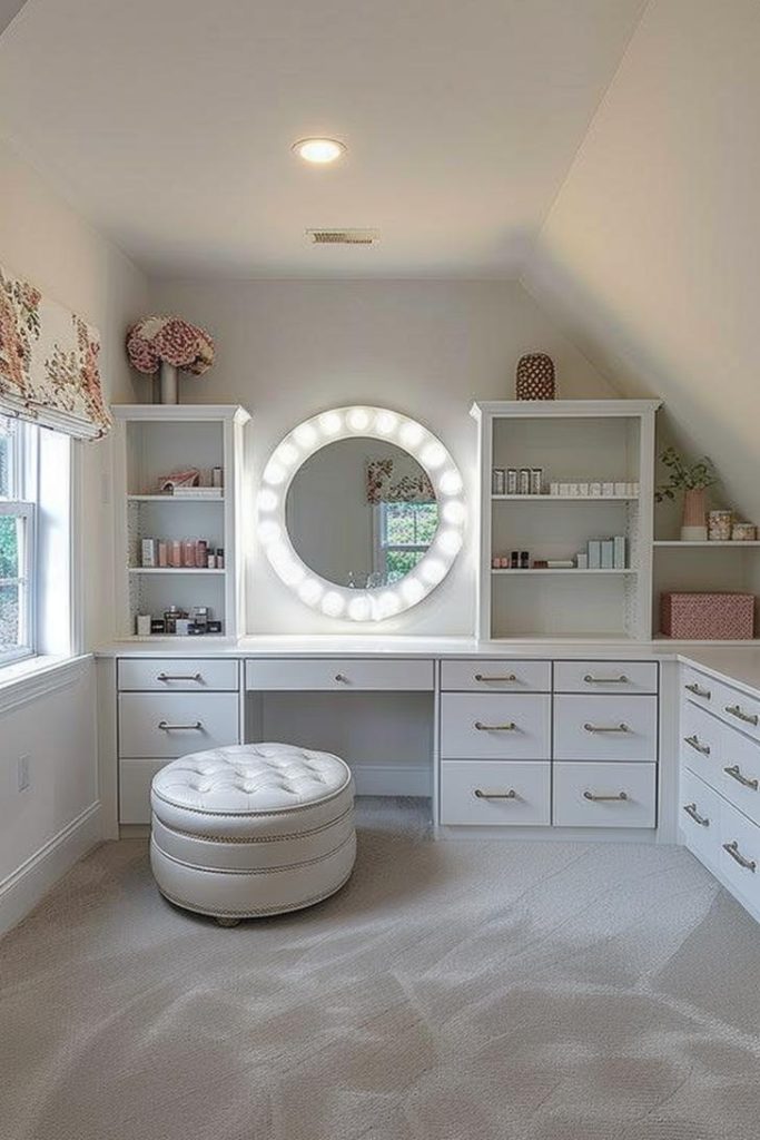 Stylish storage for make-up brushes and a vanity with circular, illuminated mirrors transform this corner into a biojou beauty stain for special alignment and even daily priming.