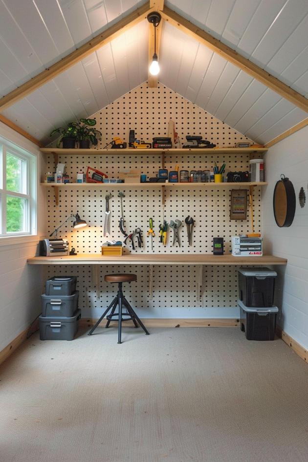 A pegboard wall with tools and various storage solutions gives the small room the air of a small DIY workshop that is prepared to create and bag.