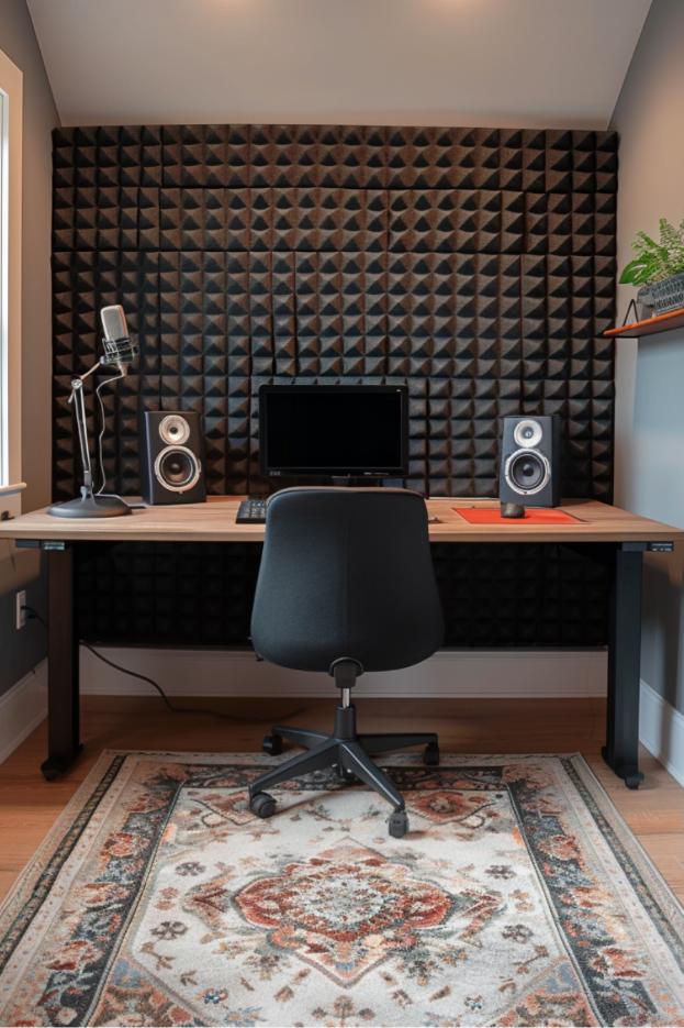 In this small room, soundproof foam panels and a stylish microphone set the stage for a petite podcasting studio that offers intimate creativity for audiocreativity.