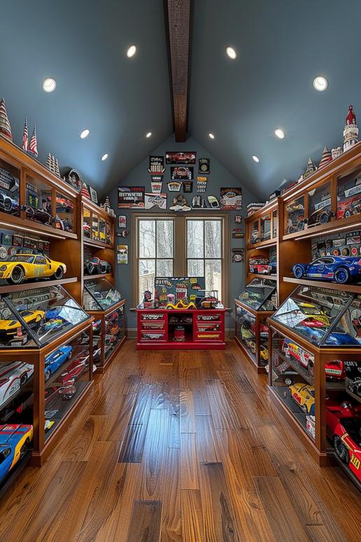 Toy cars line the shelves properly in this area and appoint this small bonus room as a dedicated collector hiding place.