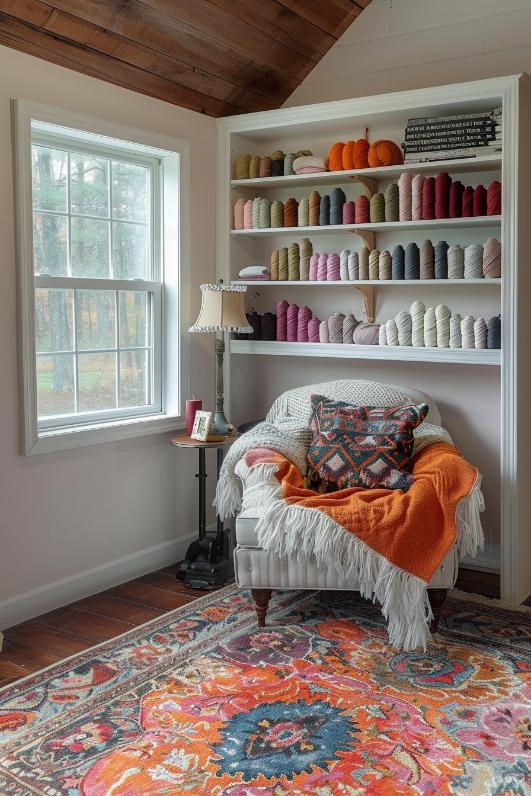 A thread exhibition and a selection of needles fill open shelves in a narrow-knit niche that is tailor-made to make cozy creations, while a locked knitting throw is draped over the armchair to ensure comfort and warmth.