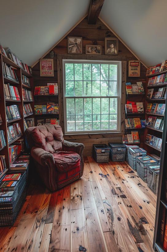 Graphic novel displays and a comfortable deck chair mark this nook as a cozy comic sanctuary for enthusiastic readers who can dive into their favorite series. 