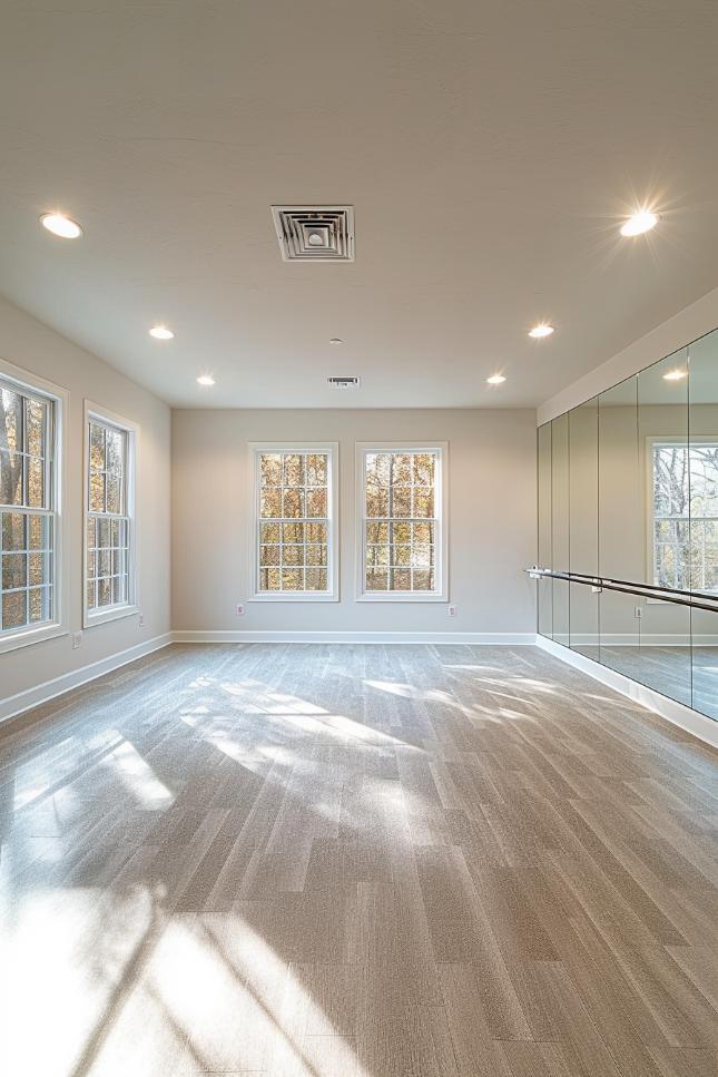 A mirror wall and a ballet bar can create a beautiful micro movement studio that offers the dancers the right amount of space to practice their art with short choreographies.