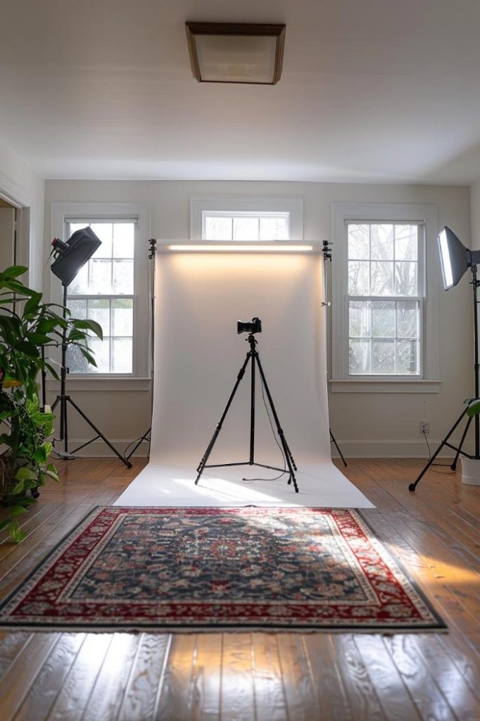 A background stand, softbox lights and a camera on a tripod equip a pint-size photo studio with which photographers can snap pictures at studio level in a compact room.