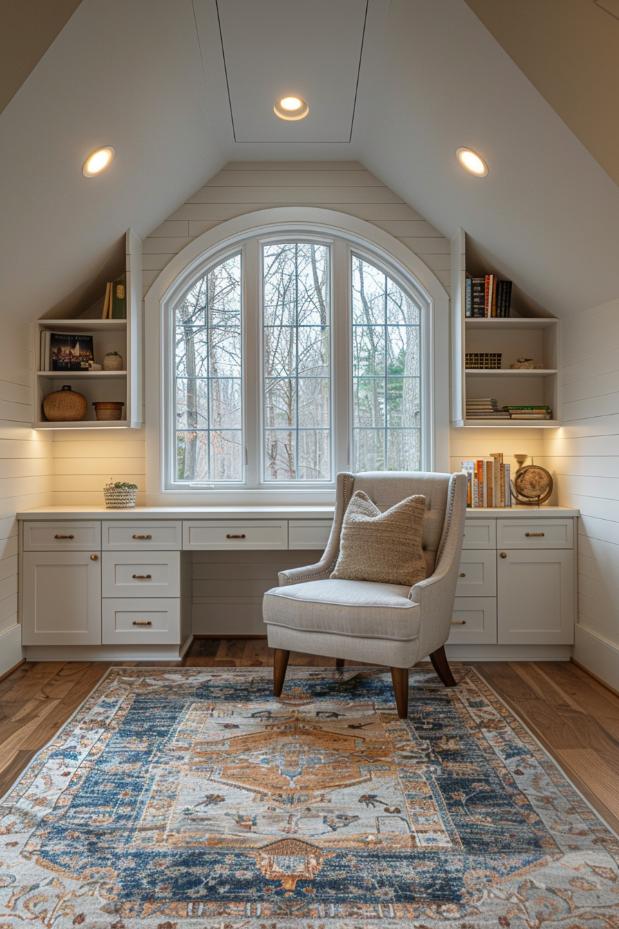 A single armchair, a custom-made desk from wall to wall and built-in bookshelves offer modern distant workers a space that can act as a home office and a relaxation corner.