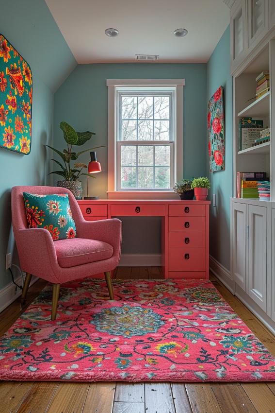 This small room brings together a quirky pink desk and a lively wall art, with a small bizarre writing company going out and inspiring stories and stanzas in a joyful environment.