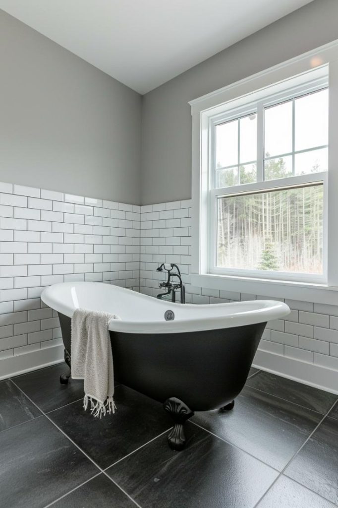 A slim black and white color scheme dances over this bathroom with <a href=