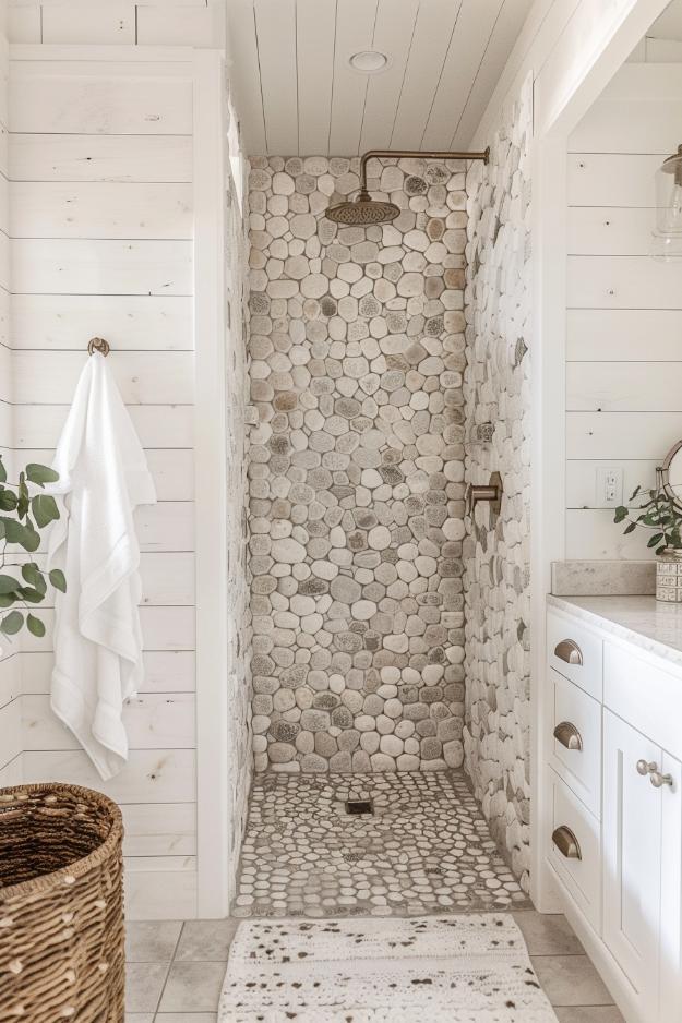 Earthy pebbles lay the basis for a refreshing shower of the farmhouse, while the rest of the room has white Shipap walls, which are perfect for infusing your bathroom with a pretty rustic charm.