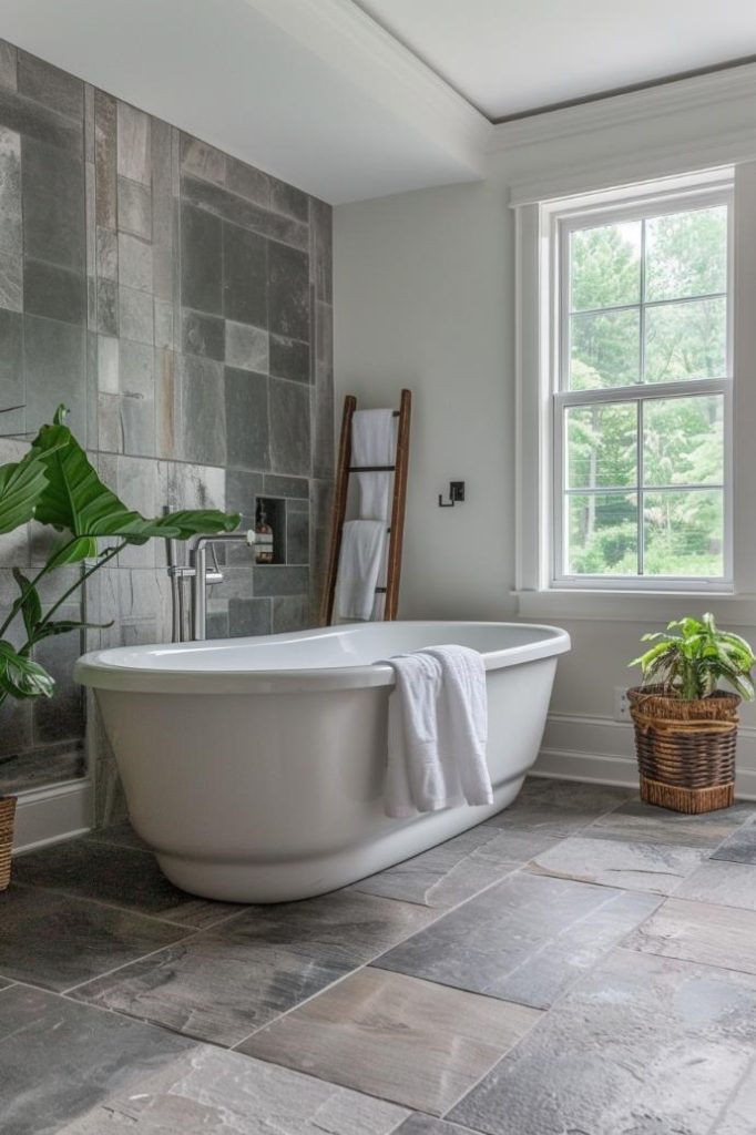 In this bathroom, stone tiles in soft shades of gray carve a Zen spa-like atmosphere in a modern farm pool.