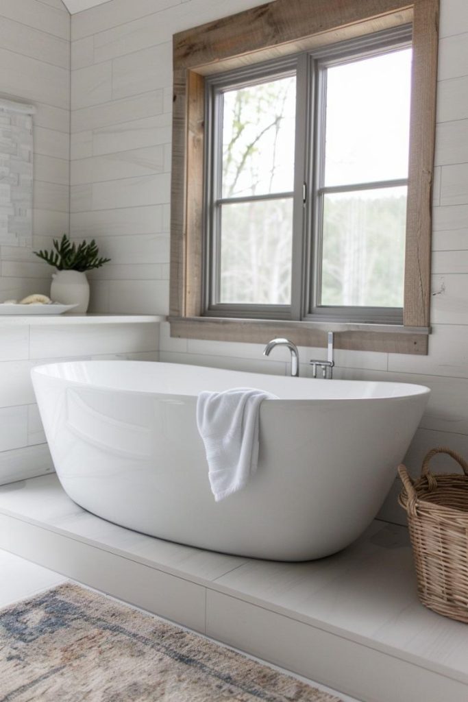 This bathroom has the reserved sophistication of minimalist chic, a refreshing view of the farmhouse style, which exudes modern elegance. 