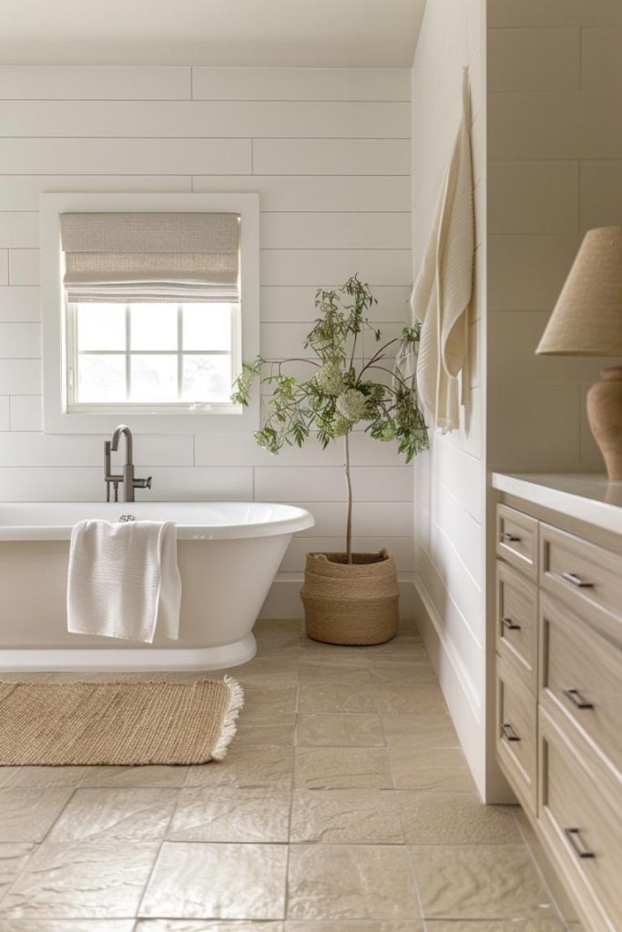 This bathroom shows the refined attraction of elegant earth tones, in which stone tiles in steamed colors shine a reserved elegance that remains true to the essence of the farmhouse style. 