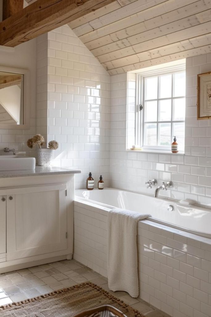 A striking mix of modern materials, including a clean arrangement of sparkling white U -Bahn tiles around a white bathtub for a refreshing and minimalist farmhouse look.