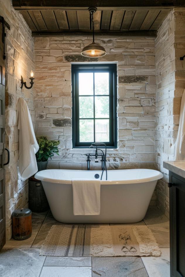 Stone tiles meet iron accents in a bathroom layout inspired by industry in neutral colors and merge in an entertaining and unique way with the old chic with the old world.