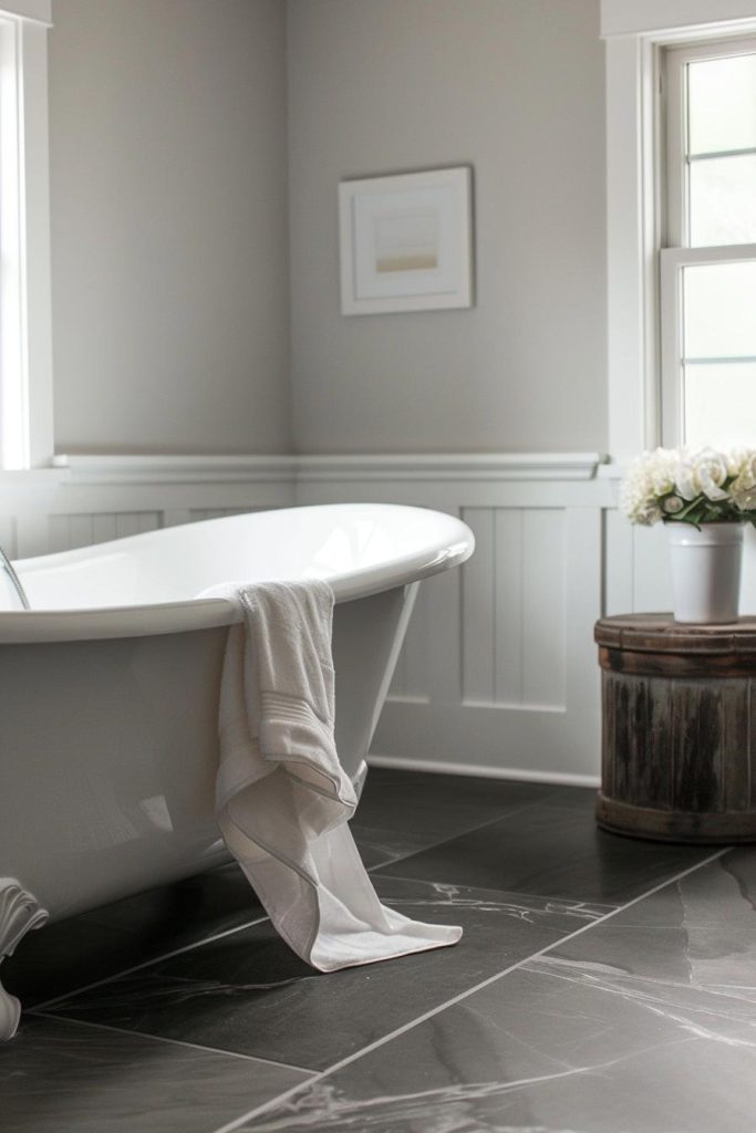 They will love the striking contrast between the dark, rich tones of the marble tiles and the crispy, clean aesthetics of the white bathtub, which creates a feeling of depth and visual intrigues and gives the timeless farmhouse theme a touch of contemporary sophistication.