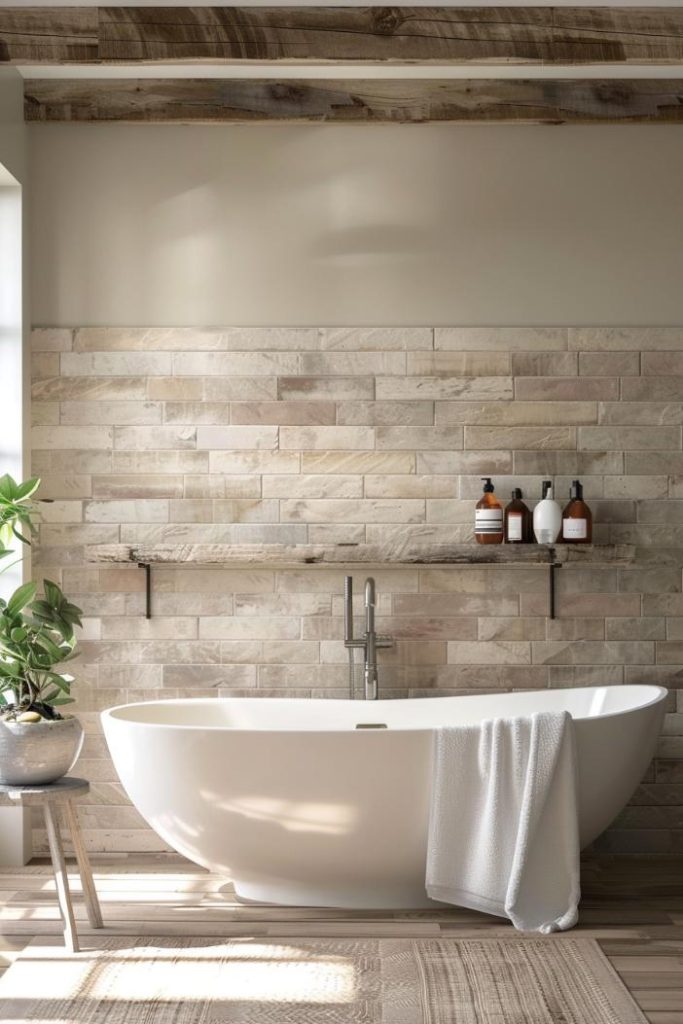 Ceramic brick tiles combine a farm house oasis that combines urban texture and rural comfort. 