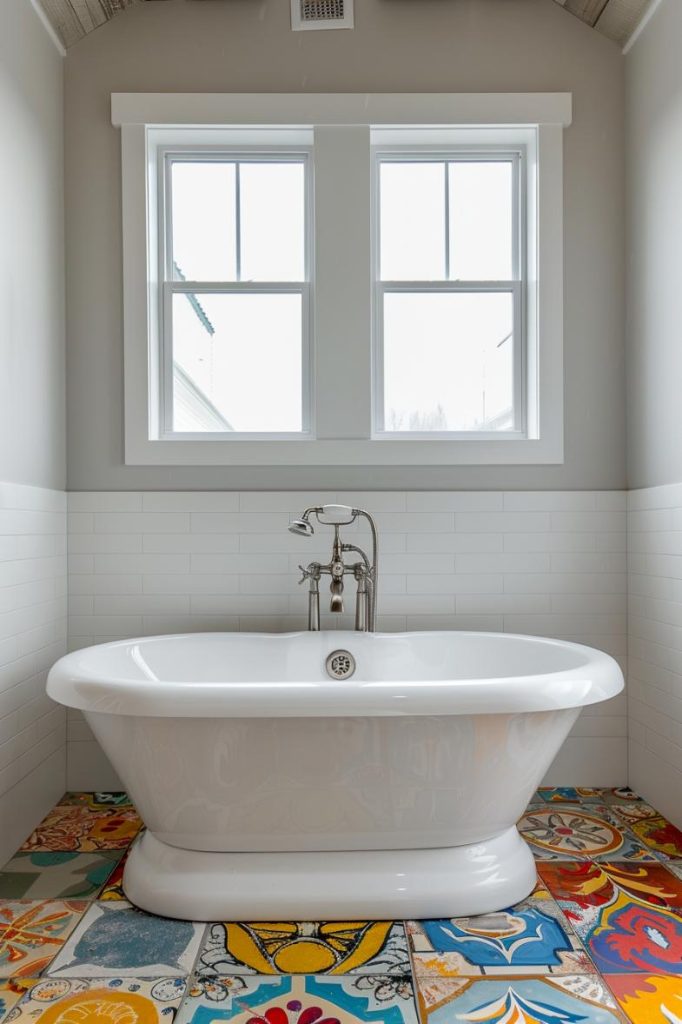 In this bathroom, a patchwork made of colorful tiles creates a funny and bizarre washroom.